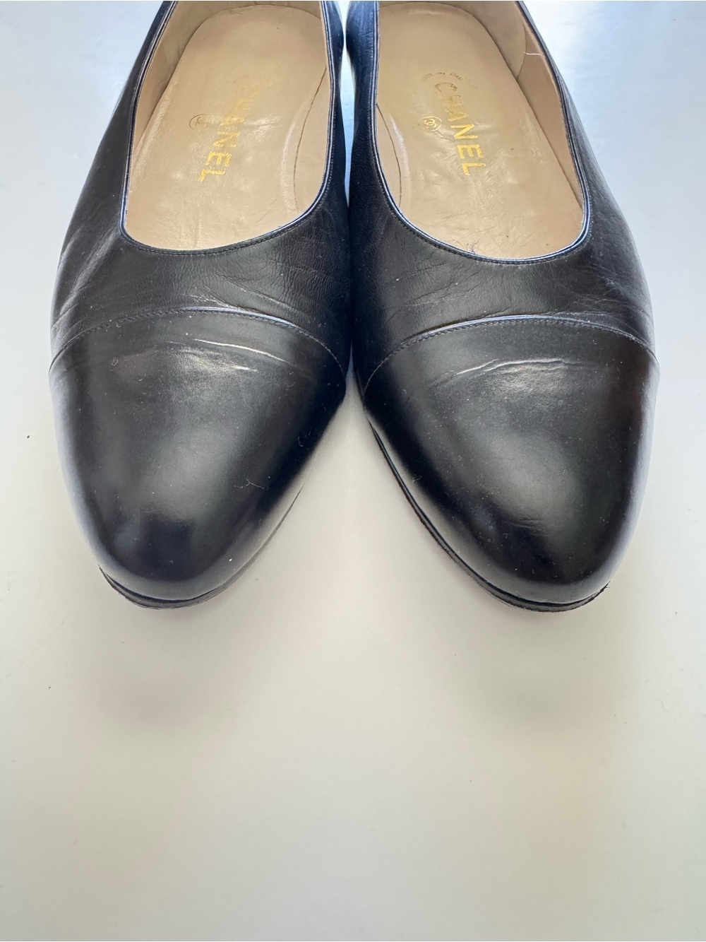 Vintage CHANEL Classic Black Leather Cap Toe Ballet Flats size 8.5 - Picture 4 of 15